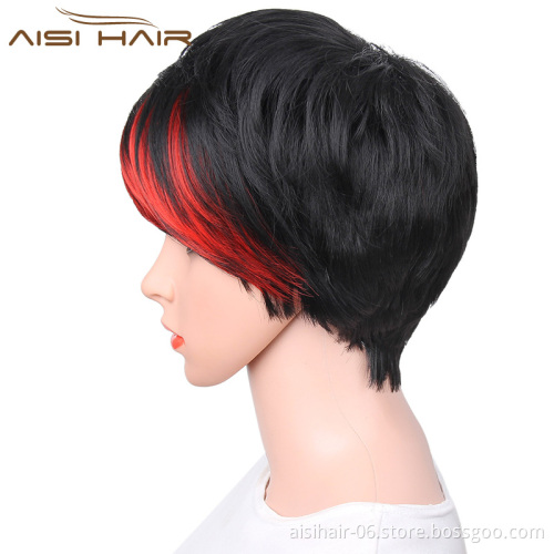 For Women Synthetic Short Style The Best Selling Straight Pixie Cut Wigs Hair With Red Bangs Wig Heat Resistant Fiber